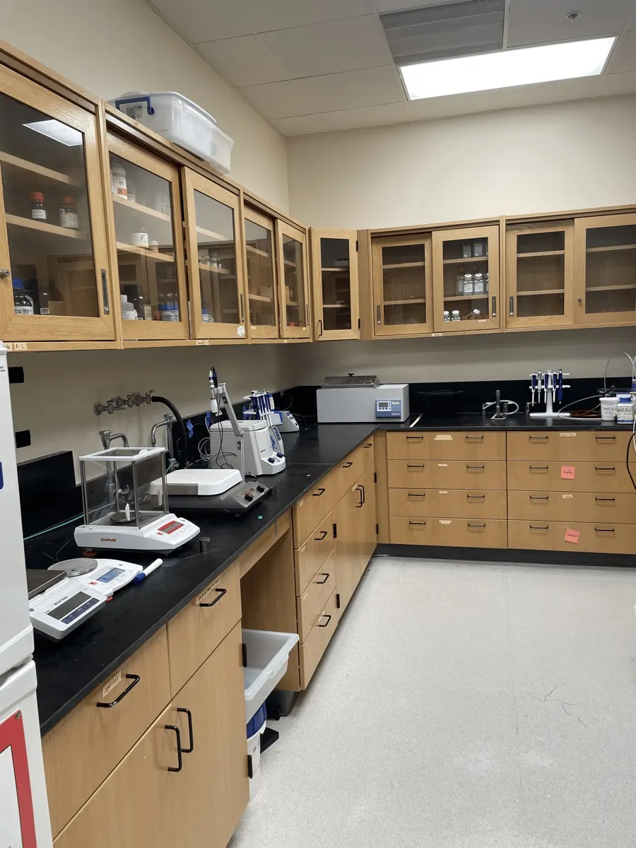 A lab bench with two analytical balances, a rack of pipettes and a benchtop instrument, below wall cabinets of labelled reagent bottles
